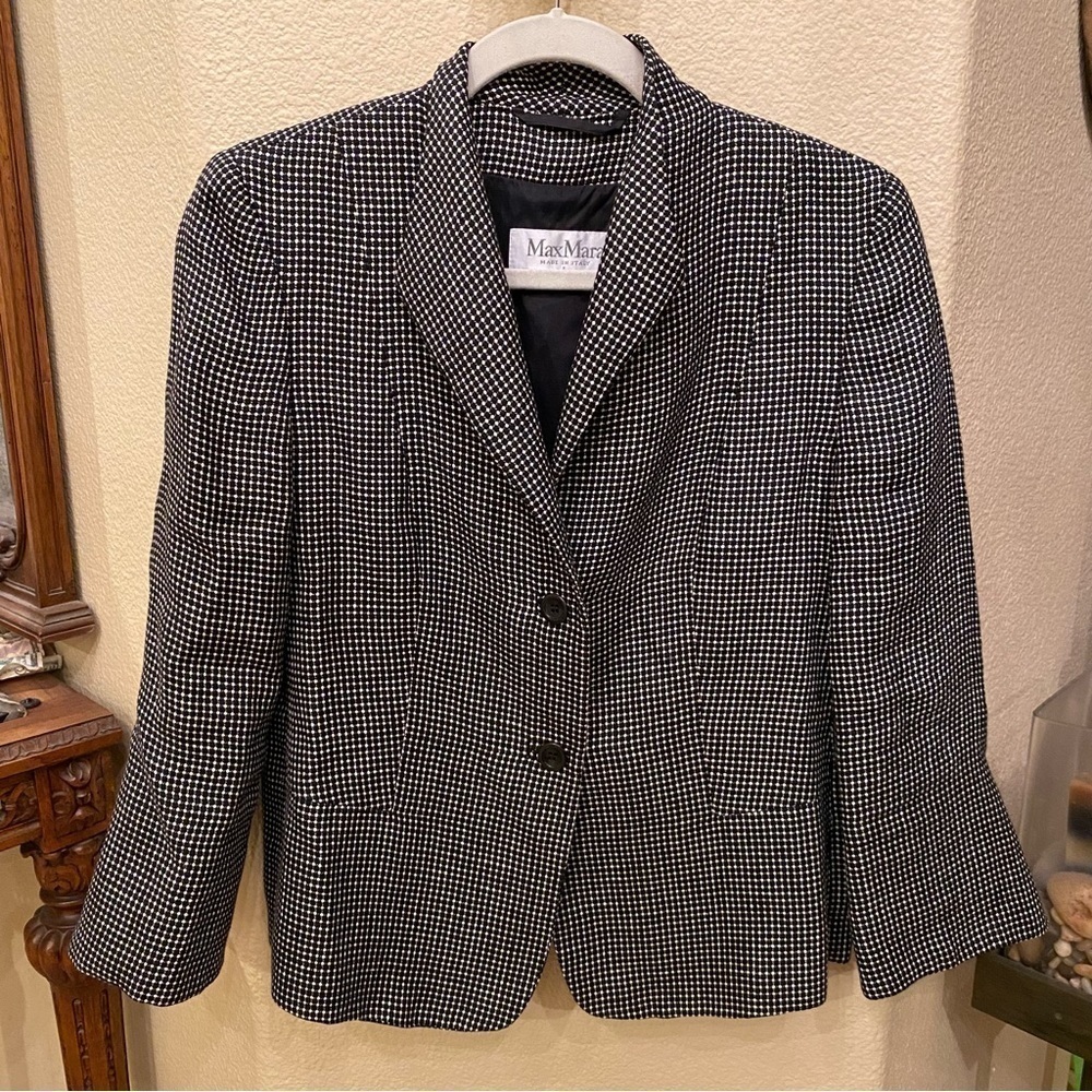 MAX MARA Women Black & White 100% Flax Linen Blazer Jacket Size 10